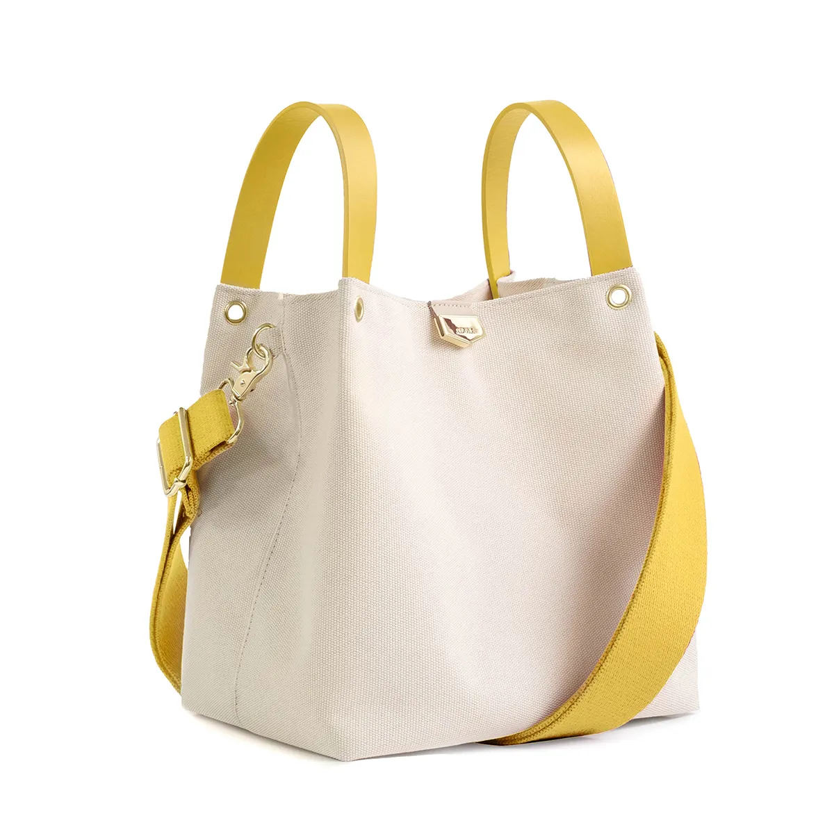 ADOLELab皮革帆布可調式棉織帶 小水桶包  米x檸檬黃(加贈內袋及檸檬吊飾含鑰匙圈)