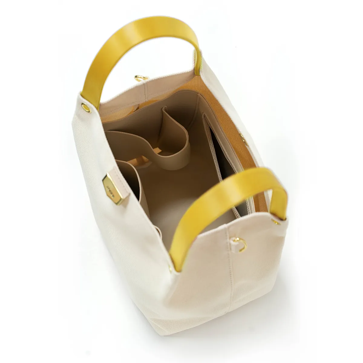 ADOLELab皮革帆布可調式棉織帶 小水桶包  米x檸檬黃(加贈內袋及檸檬吊飾含鑰匙圈)