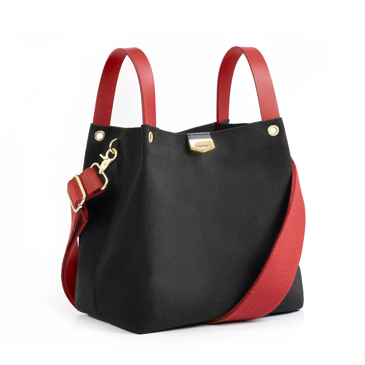 ADOLELab皮革帆布可調式棉織帶 小水桶包  黑x櫻桃紅(加贈內袋及櫻桃吊飾含鑰匙圈)