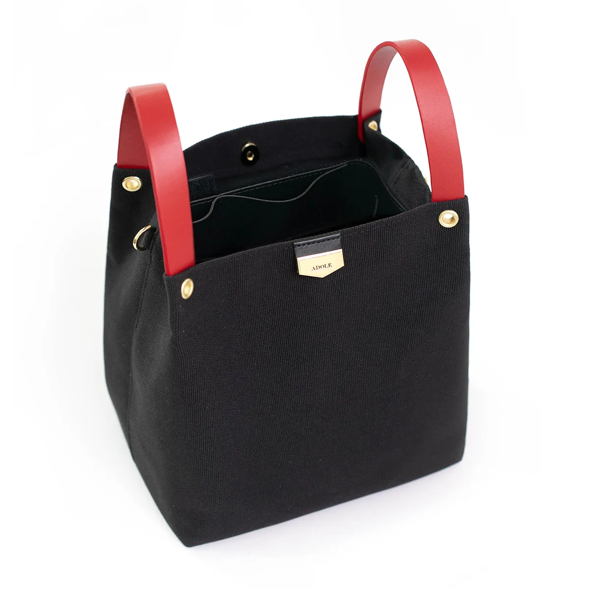 ADOLELab皮革帆布可調式棉織帶 小水桶包  黑x櫻桃紅(加贈內袋及櫻桃吊飾含鑰匙圈)