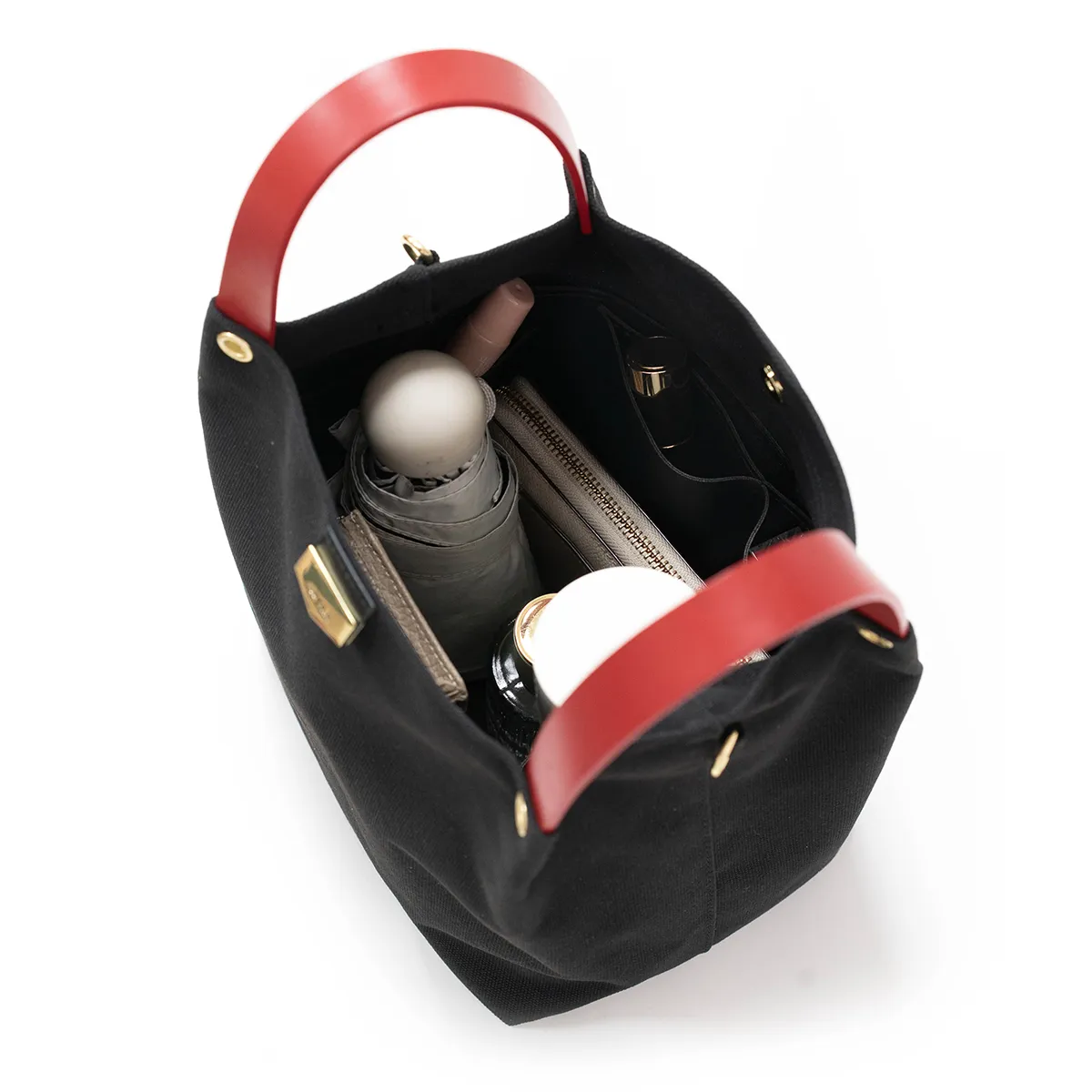 ADOLELab皮革帆布可調式棉織帶 小水桶包  黑x櫻桃紅(加贈內袋及櫻桃吊飾含鑰匙圈)