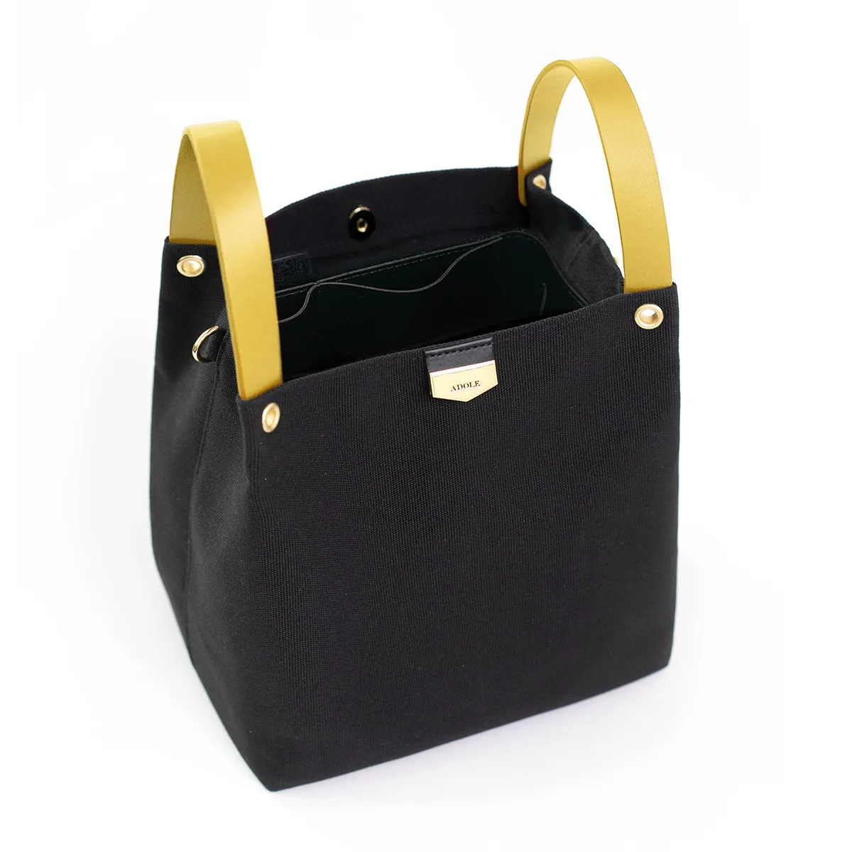 ADOLELab皮革帆布可調式棉織帶 小水桶包 黑x檸檬黃(加贈內袋及檸檬吊飾含鑰匙圈)
