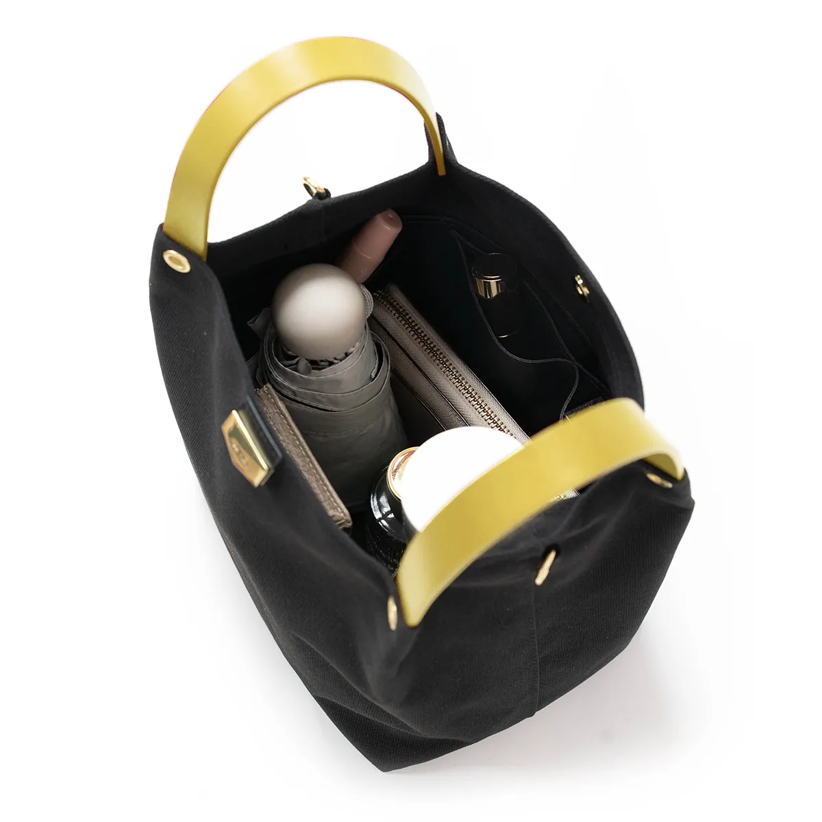 ADOLELab皮革帆布可調式棉織帶 小水桶包 黑x檸檬黃(加贈內袋及檸檬吊飾含鑰匙圈)