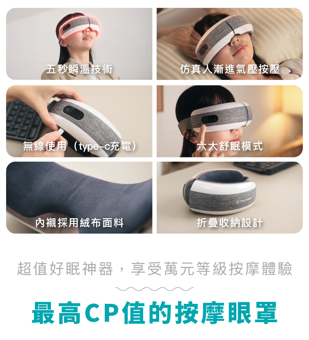 TAKASIMA 高島 眠眠兵 按摩眼罩 M-2209A 灰霧亮白