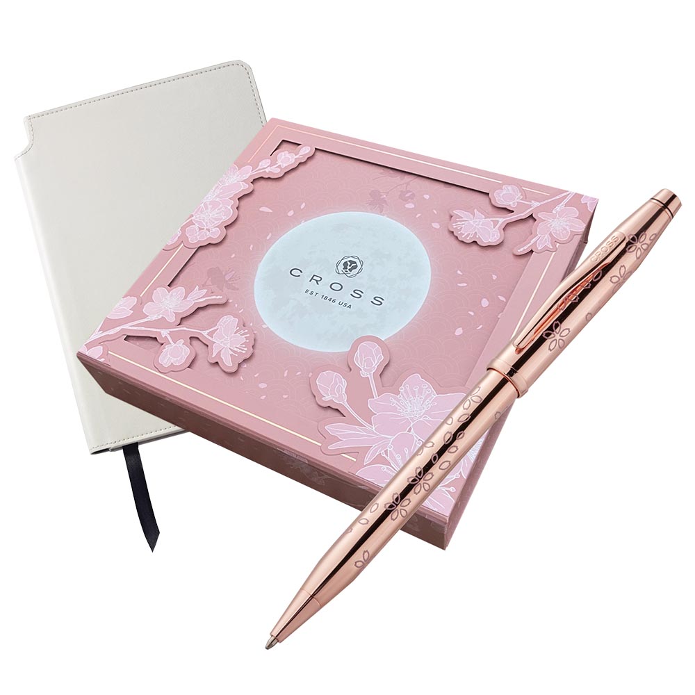 CROSS Century II 新世紀櫻花系列 玫瑰鍍金 原子筆配白色橫線筆記本 M 禮盒