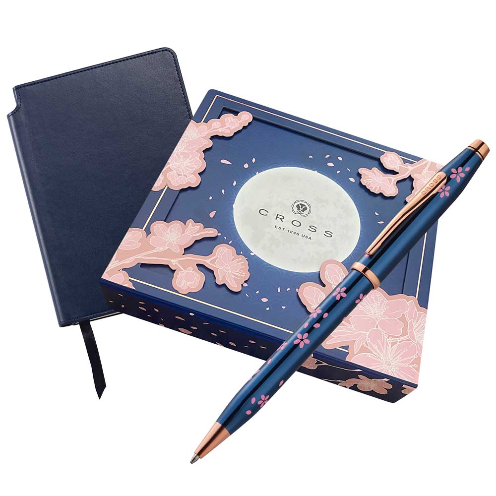 CROSS Century II 新世紀櫻花系列 亮藍漆鍍金 原子筆配藍色橫線筆記本 M 禮盒
