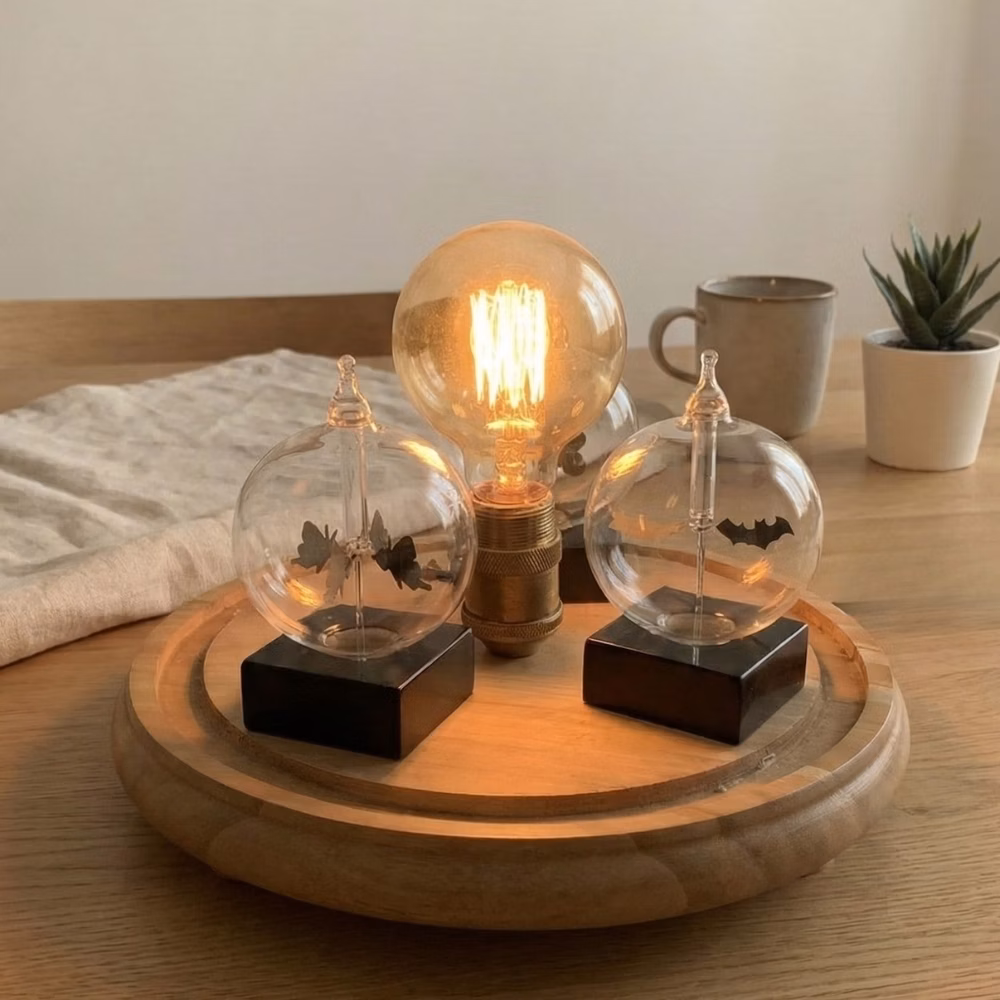 當陽光或強光照射時，黑白兩面的葉片會因光能差異而產生微小壓力差，使風車開始旋轉。
這現象是由光子的動量（光壓）與熱效應共同作用所產生的結果，
是展示「光也有推力」的迷人小玩具！