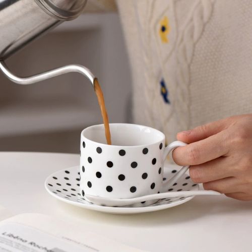 北歐風陶瓷杯碟黑白條紋骨瓷咖啡杯【附陶瓷勺子】